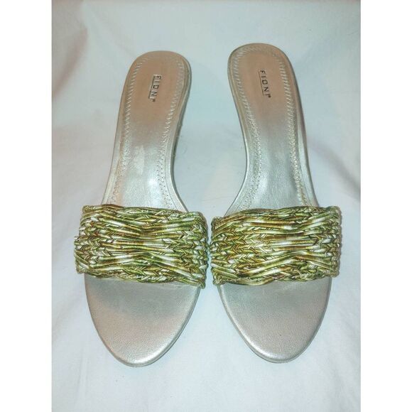 Fioni Women's Size 6.5B Gold/Green/Brown Woven Band Wedge Sandal - Picture 1 of 7